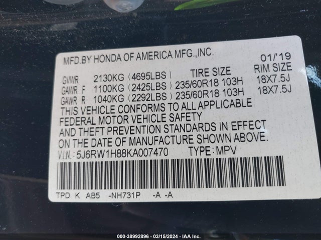 Honda Cr-v Ex-l 2019 5J6RW1H88KA007470 Image 9