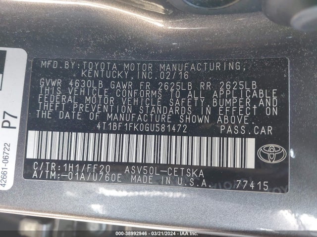 Toyota CAMRY SE 2016 4T1BF1FK0GU581472 Image 9