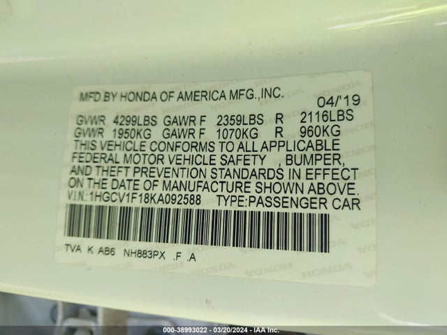 Honda ACCORD LX 2019 1HGCV1F18KA092588 Image 9