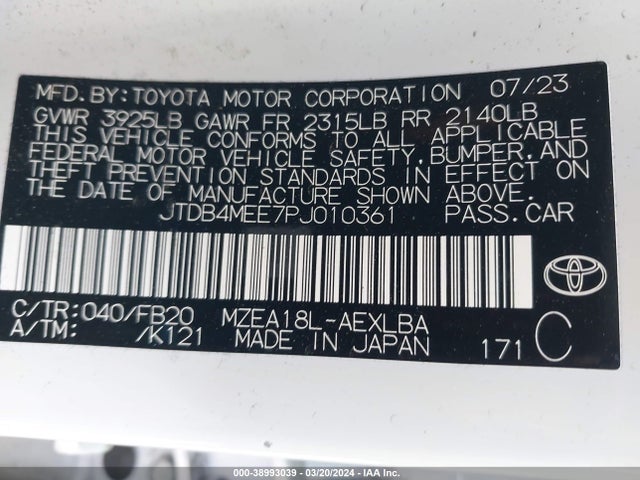 Toyota COROLLA LE 2023 JTDB4MEE7PJ010361 Image 9