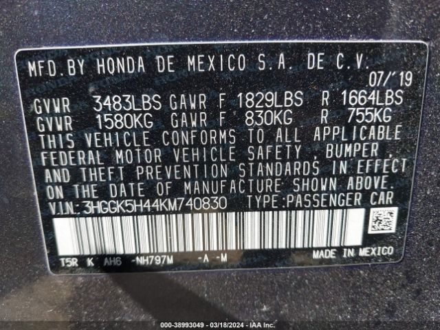 3HGGK5H44KM740830 Honda FIT LX