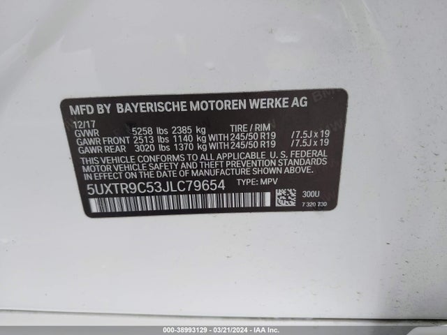 BMW X3 Xdrive30i 2018 5UXTR9C53JLC79654 Image 9
