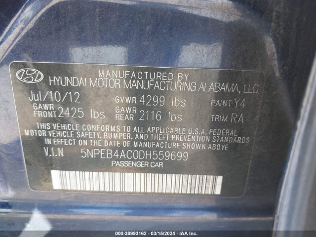 Aukcja sprzedaży 2013 Hyundai Sonata Gls, vin: 5NPEB4AC0DH559699, numer aukcji: 38993162
