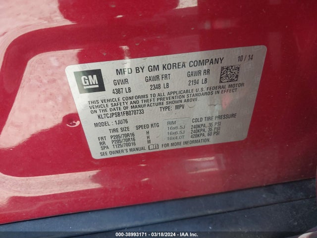 Chevrolet Trax 1ls 2015 KL7CJPSB1FB070733 Image 9
