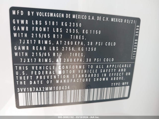 3VV1B7AX2MM108434 Volkswagen Tiguan 2.0t S
