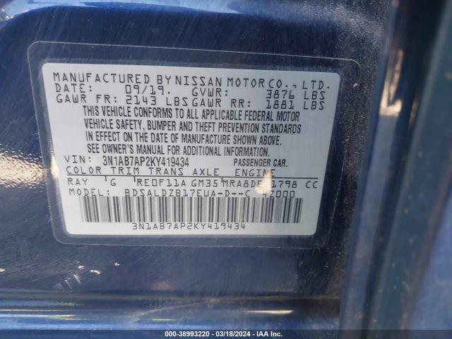 Nissan SENTRA SV 2019 3N1AB7AP2KY419434 Image 9