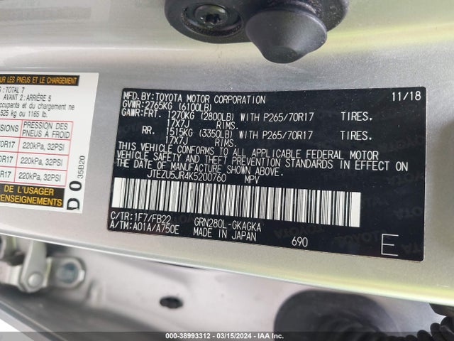 Toyota 4RUNNER SR5 2019 JTEZU5JR4K5200760 Image 9