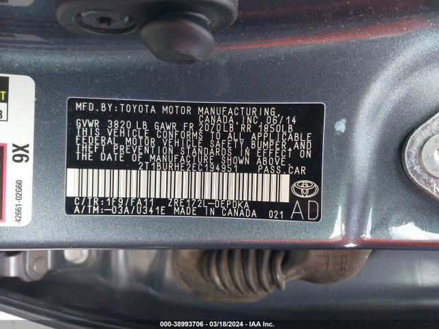 Toyota COROLLA L 2014 2T1BURHE2EC194951 Image 9