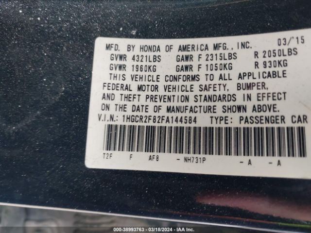 1HGCR2F82FA144584 Honda Accord Ex-l