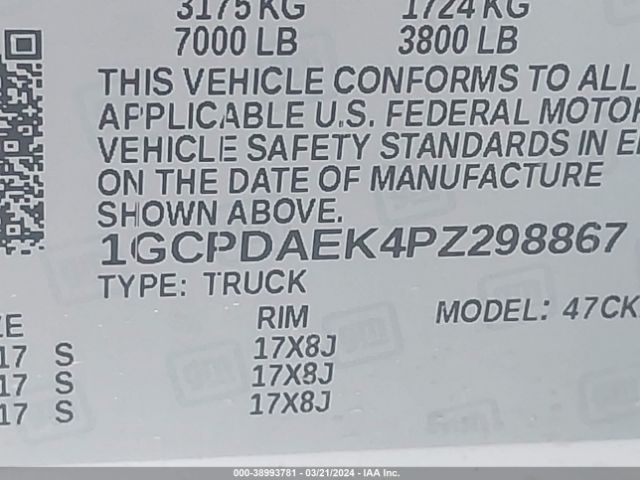 1GCPDAEK4PZ298867 Chevrolet Silverado 1500 4wd  Short Bed Wt