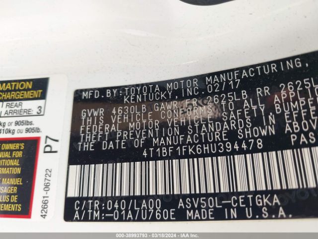 4T1BF1FK6HU394478 Toyota CAMRY XLE