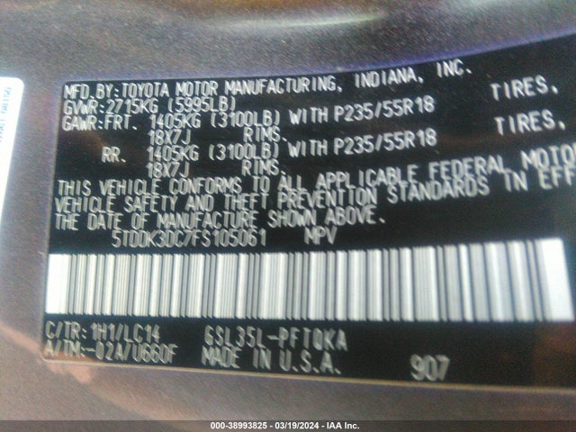 Toyota Sienna Xle 7 Passenger 2015 5TDDK3DC7FS105061 Image 9