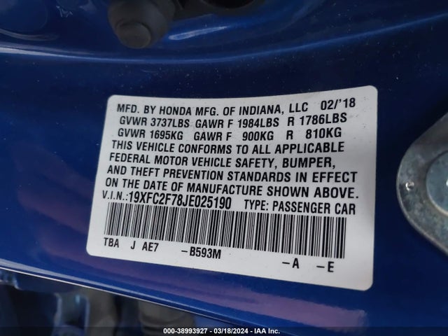 Honda CIVIC EX 2018 19XFC2F78JE025190 Image 9