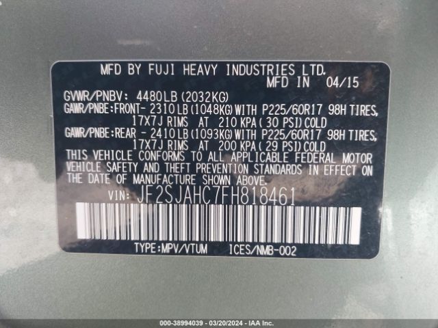 JF2SJAHC7FH818461 Subaru Forester 2.5i Limited