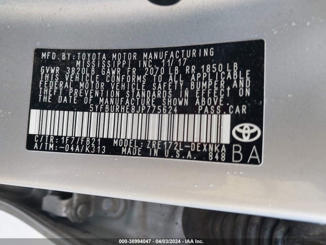 Toyota COROLLA LE 2018 5YFBURHE8JP775624 Image 9