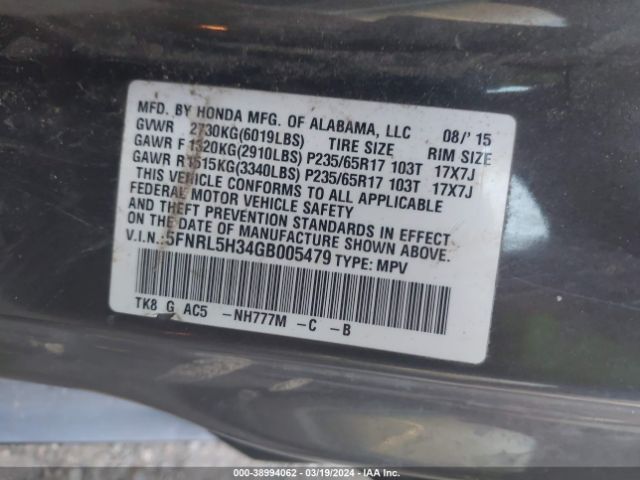 5FNRL5H34GB005479 Honda ODYSSEY SE