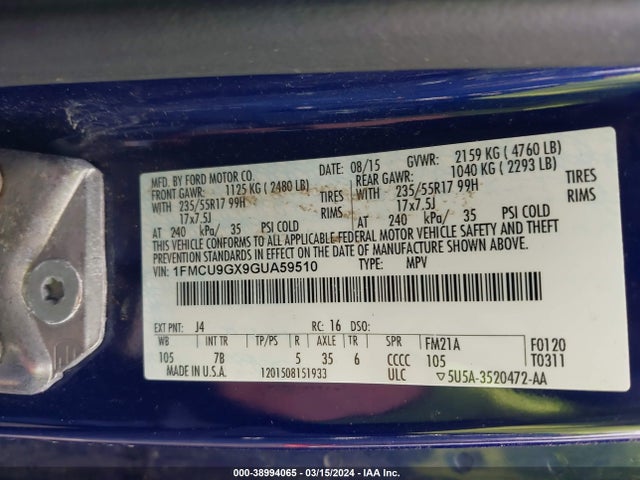 Ford ESCAPE SE 2016 1FMCU9GX9GUA59510 Image 9
