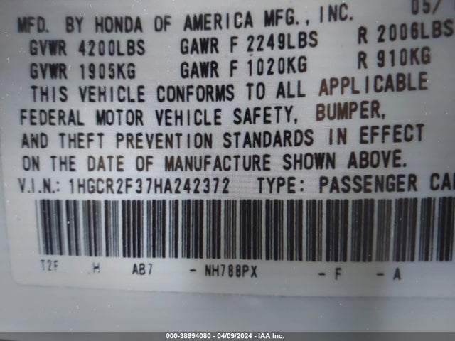Honda ACCORD LX 2017 1HGCR2F37HA242372 Image 9