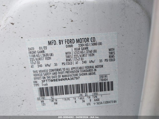 Ford Maverick Xl 2022 3FTTW8E94NRA36797 Image 9