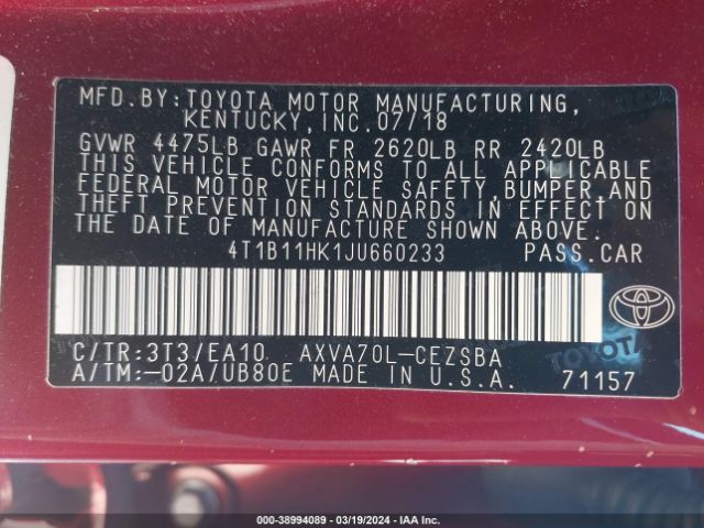 4T1B11HK1JU660233 Toyota CAMRY SE