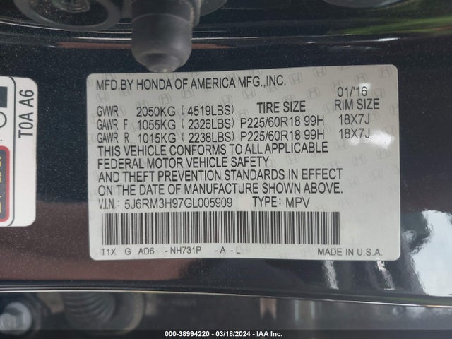 Honda Cr-v Touring 2016 5J6RM3H97GL005909 Image 9