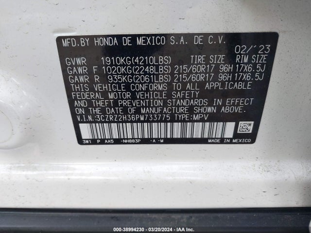 Honda Hr-v Awd Lx 2023 3CZRZ2H36PM733775 Image 9