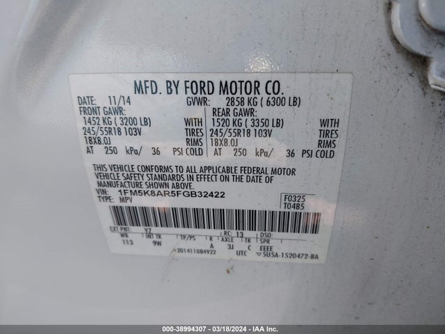 Ford Utility Police Interceptor 2015 1FM5K8AR5FGB32422 Image 9