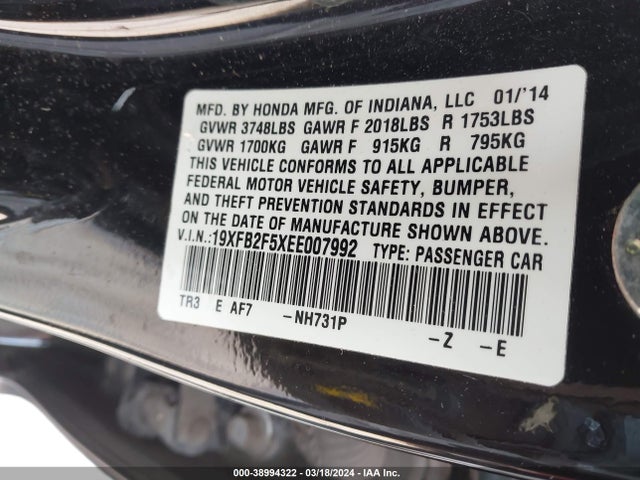 Honda Civic Lx 2014 19XFB2F5XEE007992 Image 9
