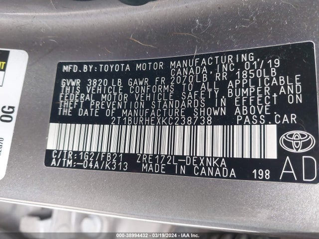 Toyota COROLLA LE 2019 2T1BURHEXKC238738 Image 9