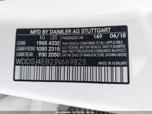Продаж на аукціоні авто 2018 Mercedes-benz Cla 250, vin: WDDSJ4EB2JN669825, номер лоту: 38994458