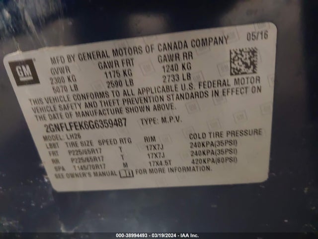 Chevrolet EQUINOX LT 2016 2GNFLFEK6G6359487 Image 9