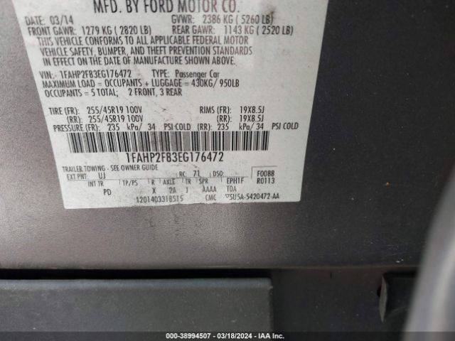 1FAHP2F83EG176472 Ford Taurus Limited