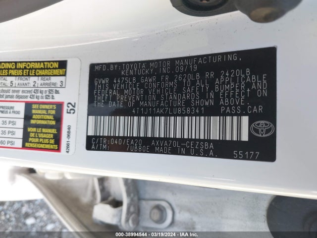 Toyota CAMRY SE 2020 4T1J11AK7LU858341 Image 9