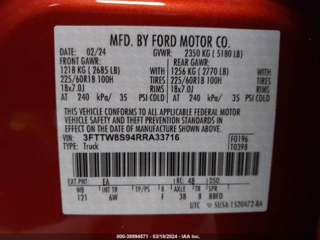 3FTTW8S94RRA33716 Ford Maverick Lariat