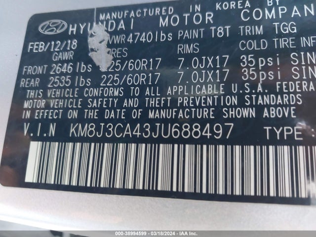Hyundai TUCSON SEL 2018 KM8J3CA43JU688497 Image 9