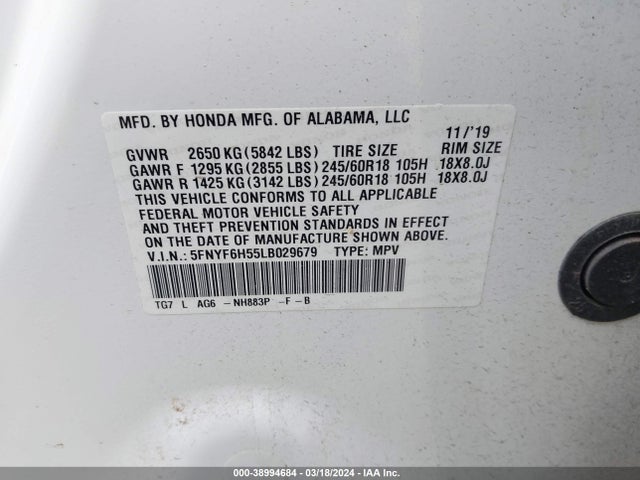 Honda Pilot Awd Ex-l 2020 5FNYF6H55LB029679 Image 9