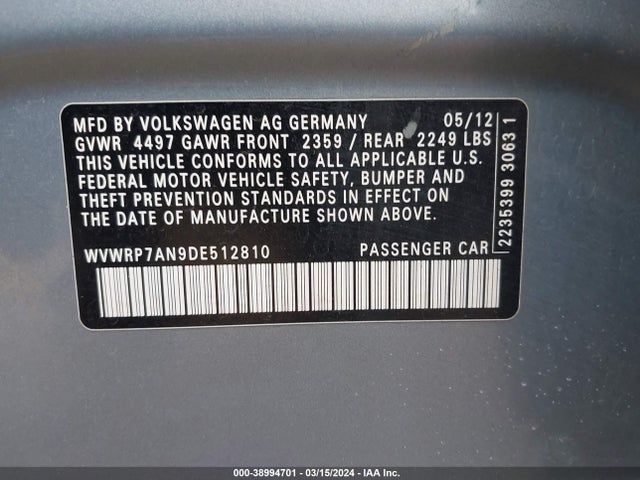 Продаж на аукціоні авто 2013 Volkswagen Cc 2.0t Lux, vin: WVWRP7AN9DE512810, номер лоту: 38994701