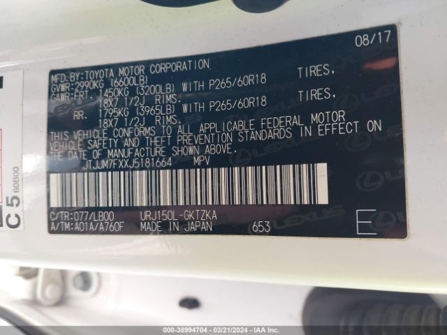 JTJJM7FXXJ5181664 Lexus 460 Luxury