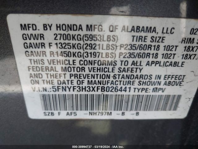 5FNYF3H3XFB026441 Honda PILOT SE