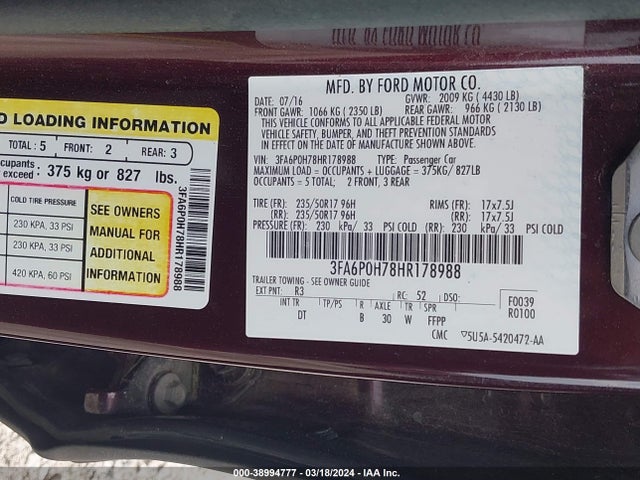 Ford FUSION SE 2017 3FA6P0H78HR178988 Image 9