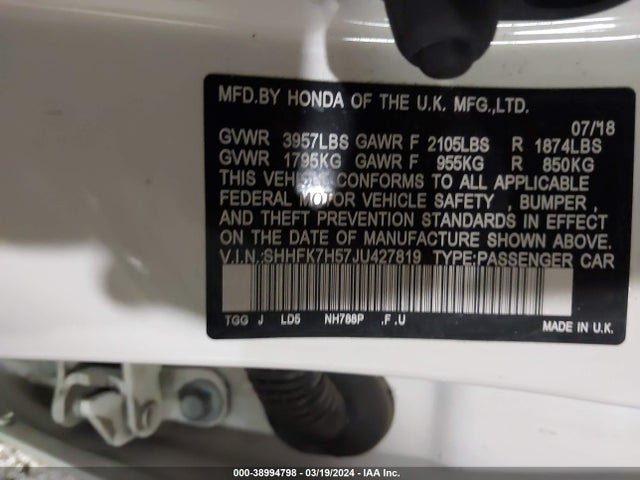 Honda CIVIC EX 2018 SHHFK7H57JU427819 Image 9