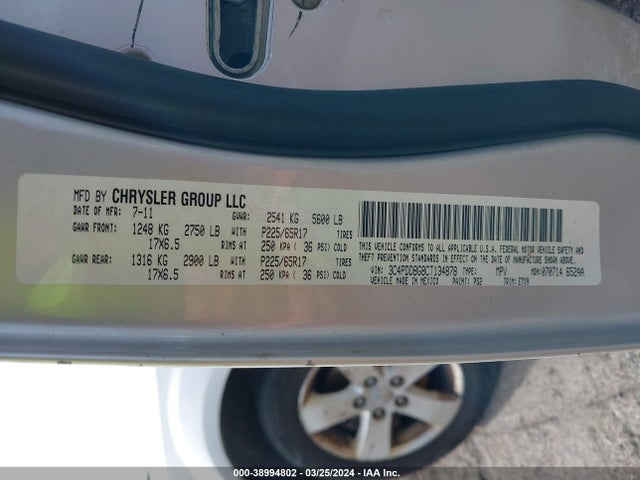 Продажа на аукционе авто 2012 Dodge Journey Sxt, vin: 3C4PDDBG8CT134878, номер лота: 38994802