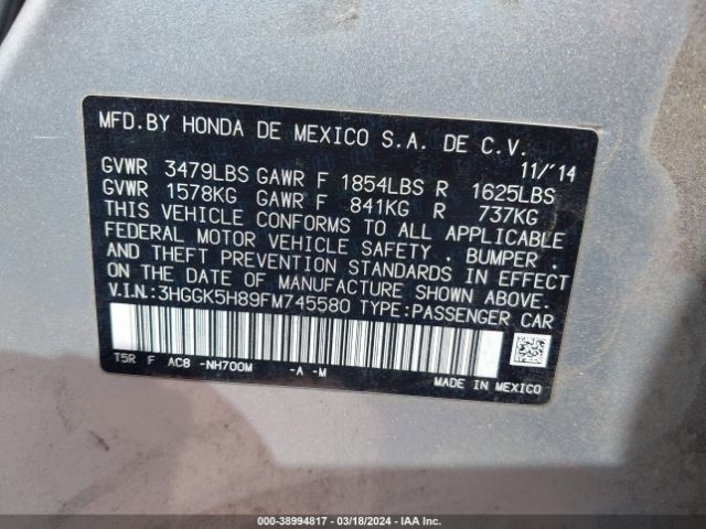 3HGGK5H89FM745580 Honda Fit Ex/ex-l