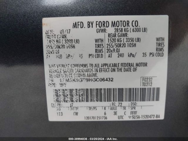 1FM5K8GT9HGC06432 Ford EXPLORER SPORT
