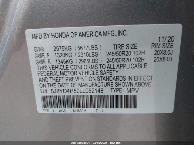 Acura Mdx Technology Package 2020 5J8YD4H50LL052148 Image 9