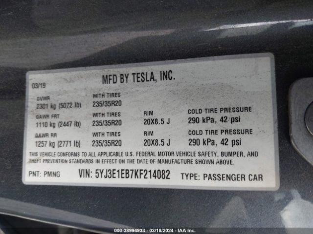 5YJ3E1EB7KF214082 Tesla Model 3 Long Range/performance
