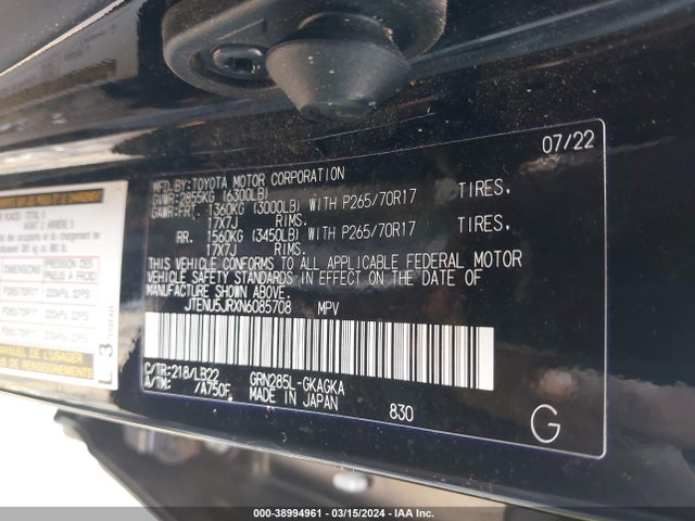 Toyota 4runner Sr5 Premium 2022 JTENU5JRXN6085708 Image 9