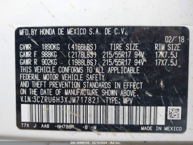 3CZRU6H3XJM717821 Honda HR-V LX