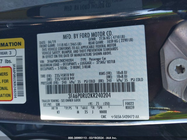 Ford Fusion Hybrid Titanium 2019 3FA6P0RU2KR240204 Image 9