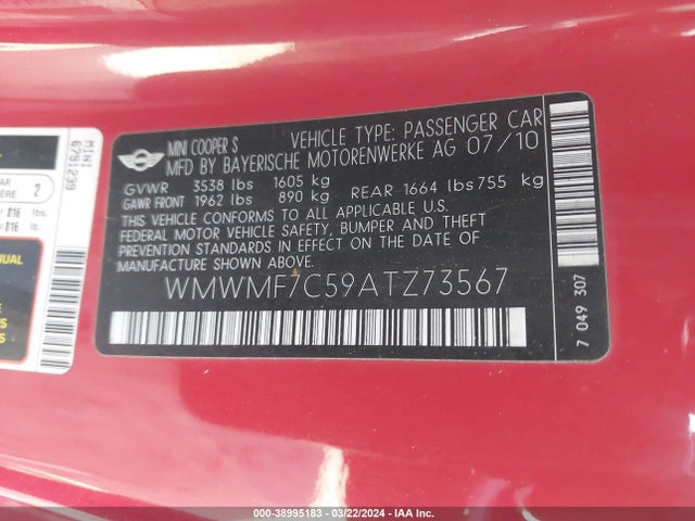 2010 MINI COOPER S WMWMF7C59ATZ73567 Photo 8